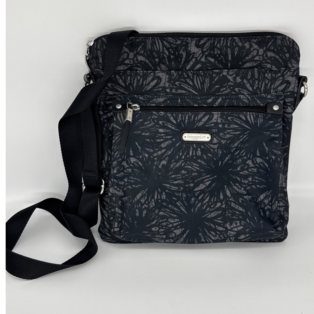 Baggallini Go Bagg Adjustable Crossbody Bag Black Onyx Floral Pattern Purse